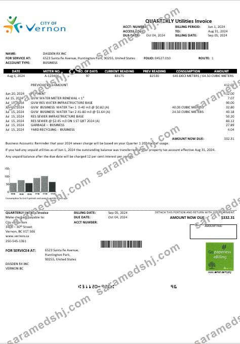 USA Canada City of Vernon water business utility bill template in Word and PDF formats